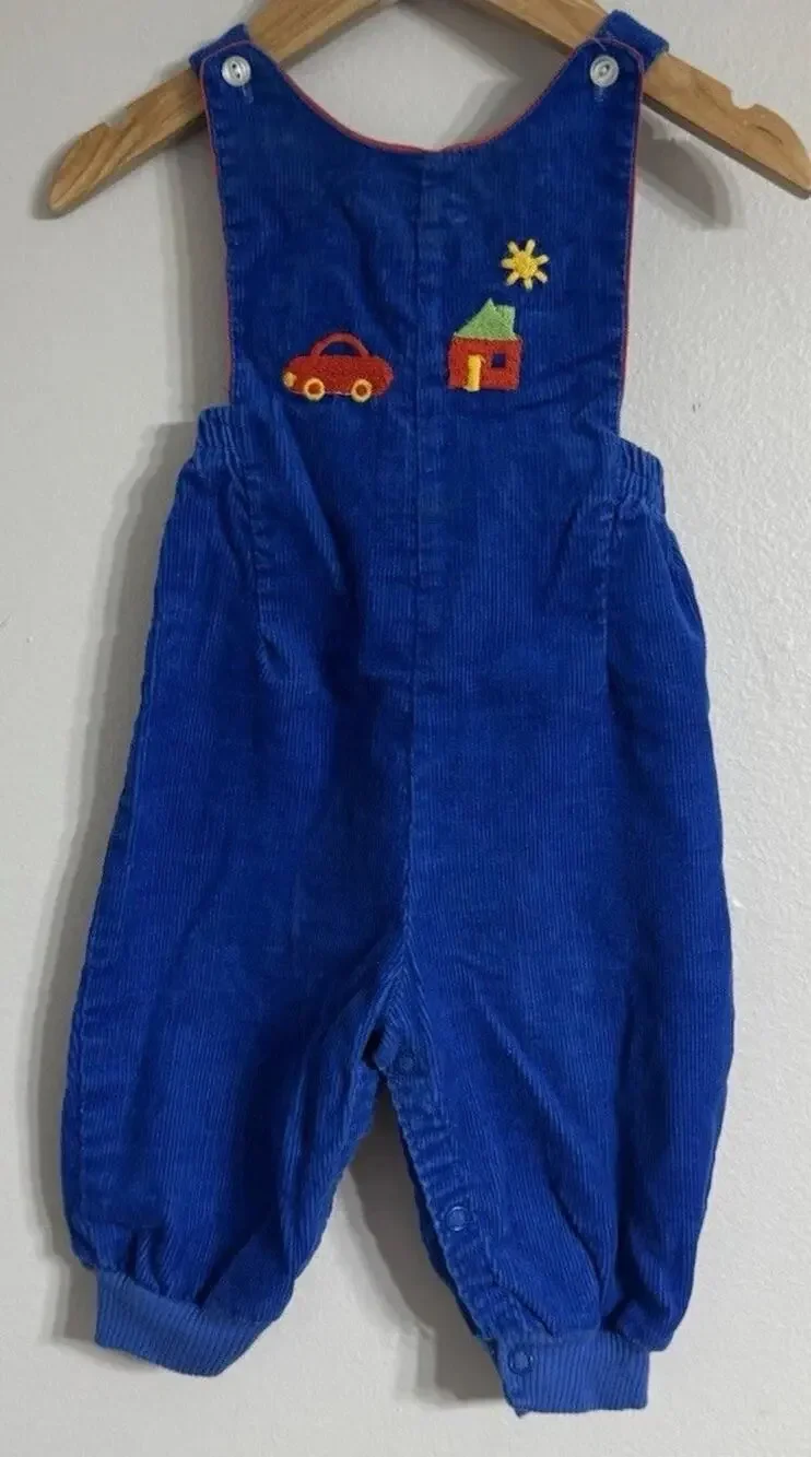 Carters VINTAGE Overalls 90's Corduroy Embroidered Size 9 Months Blue USA Car